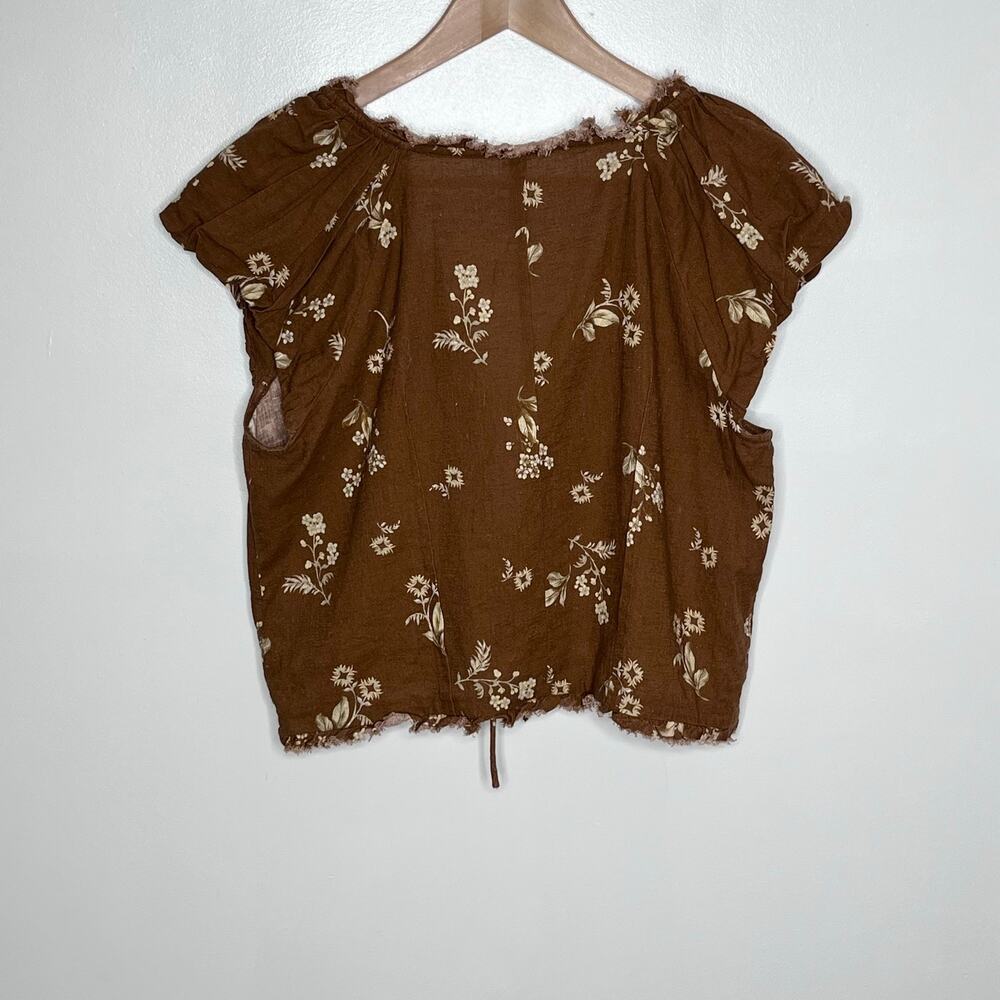 Anthropologie Brown Floral Linen Cotton Tie Front Puff Sleeve Crop Top M - Picture 9 of 11